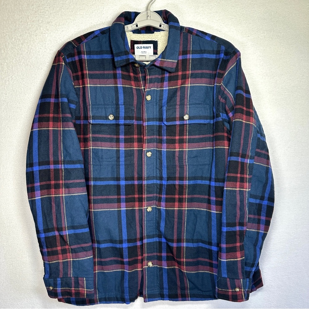 Old Navy Flannel Shacket Mens XLT XL Tall Blue Plaid Sherpa Lined Shirt Jacket